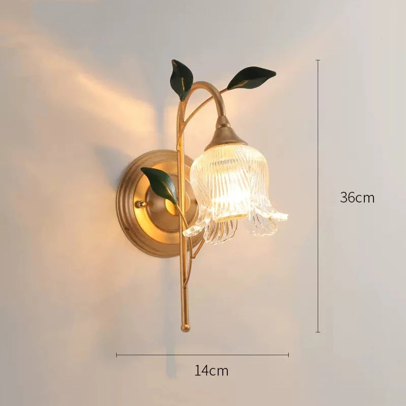 French Wall Sconce Light measuring 36cm tall and 14cm wide, with LED floral glass shade and golden branch for classic home interiors.