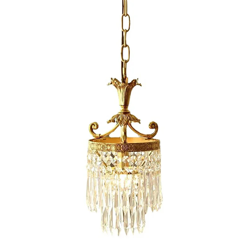 Full view of retro French copper crystal chandelier with tiered crystal drops, ideal for small spaces like aisles or porches.