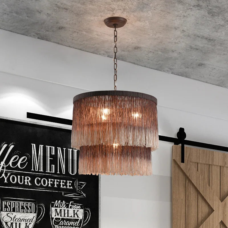 Rustic Bohemian Chandelier-Pendant Light Wicker LED in a rustic café with barn door decor, enhancing countryside charm.
