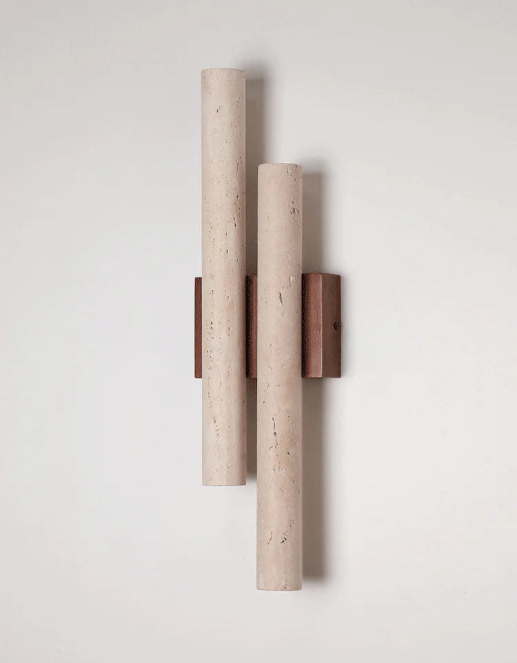 Travertine stone wall lamp with wood accent shown in off and on states, highlighting its ambient LED lighting effect.