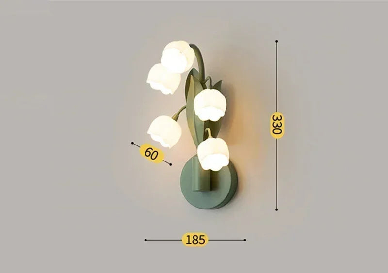 Dimensions of Nordic Atmosphere Wall Lamp: 330mm height, 185mm base, and 60mm flower diameter, perfect for bedroom wall decor.