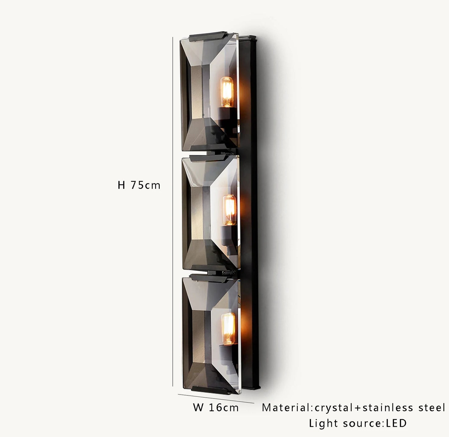 Black crystal LED wall sconce with three LED bulbs, 75cm tall, ideal for modern vertical lighting installations.