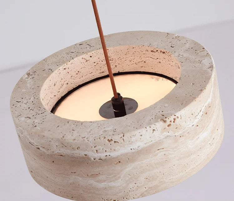 Top view of Travertine Retro Pendant Light showing LED bulb and inner structure, ideal for modern bedroom or hotel room lighting.