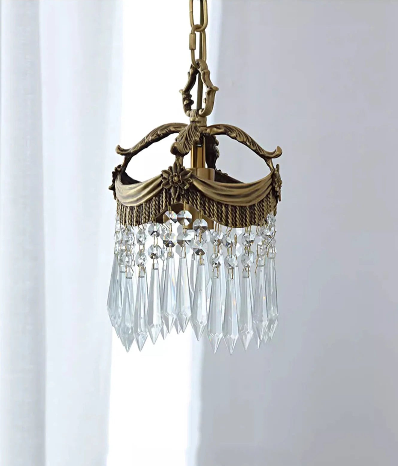 French Velvet Tassel Pendant Light with antique bronze finish and crystal tassels, ideal for vintage home décor.