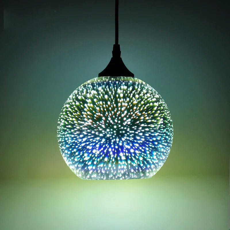 Glass 3D Fireworks Pendant Light - LED Stylish Design in a spherical shape, glowing with multicolor fireworks effect in a dark setting.