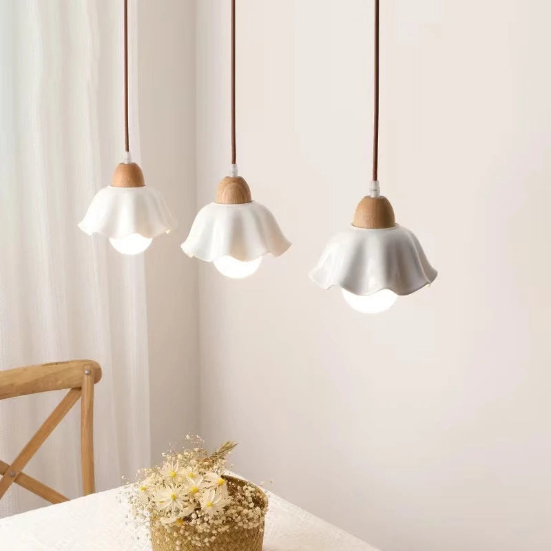 Japanese ceramic pendant light with wood accent