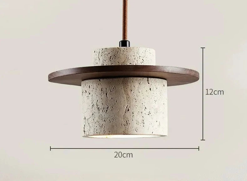 Dark wood and travertine pendant light by LUXELY, 20cm wide and 12cm high, showcasing Japanese minimalist lighting style.