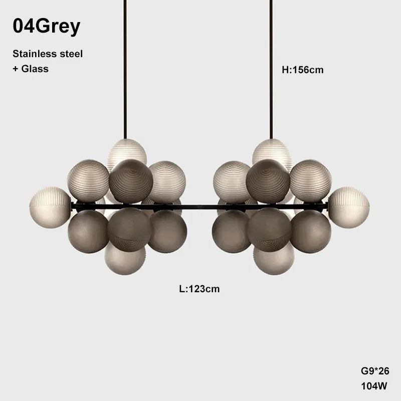 Grey Grape LED chandelier with 26 glass globes, 123cm wide, offering a bold art deco lighting solution for large interiors.