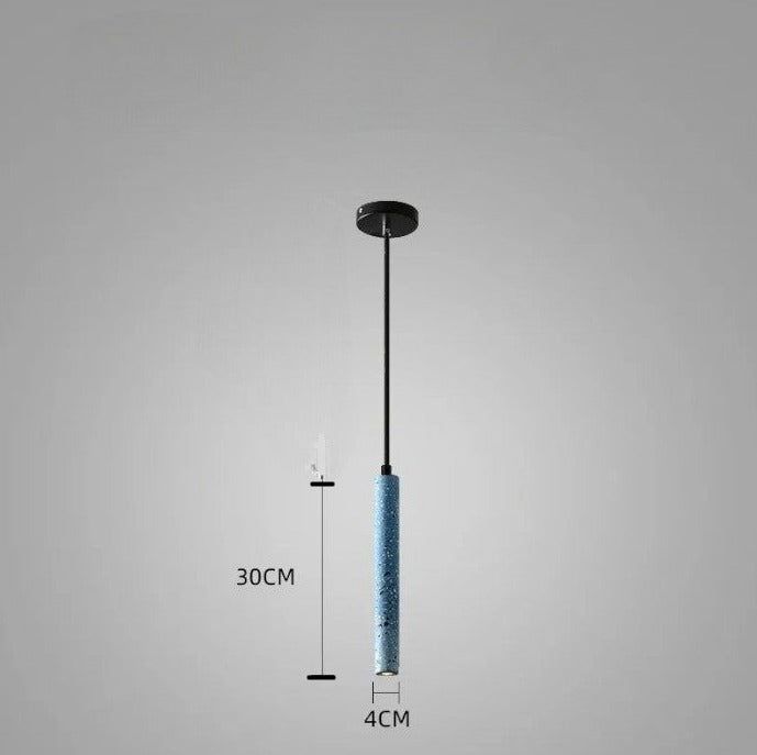 Blue LUXELY industrial LED pendant light with 30cm height and 4cm diameter. Cement finish ideal for kitchen or bar lighting.