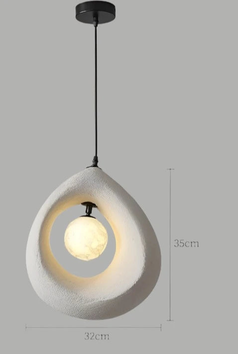 Single white Nordic wabi-sabi pendant light with LED bulb, 35cm tall and 32cm wide, ideal for dining or bedroom use.