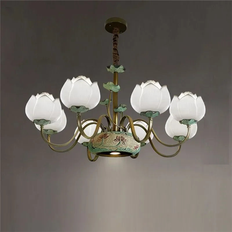 Farmhouse lotus flower ceiling light with white LED petals, ideal for elegant and energy-efficient home lighting solutions.