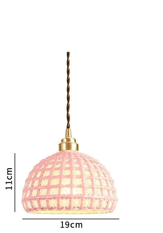 Pink ceramic dome LED pendant light by LUXELY, 19cm wide and 11cm tall, ideal for playful or pastel-themed interiors.