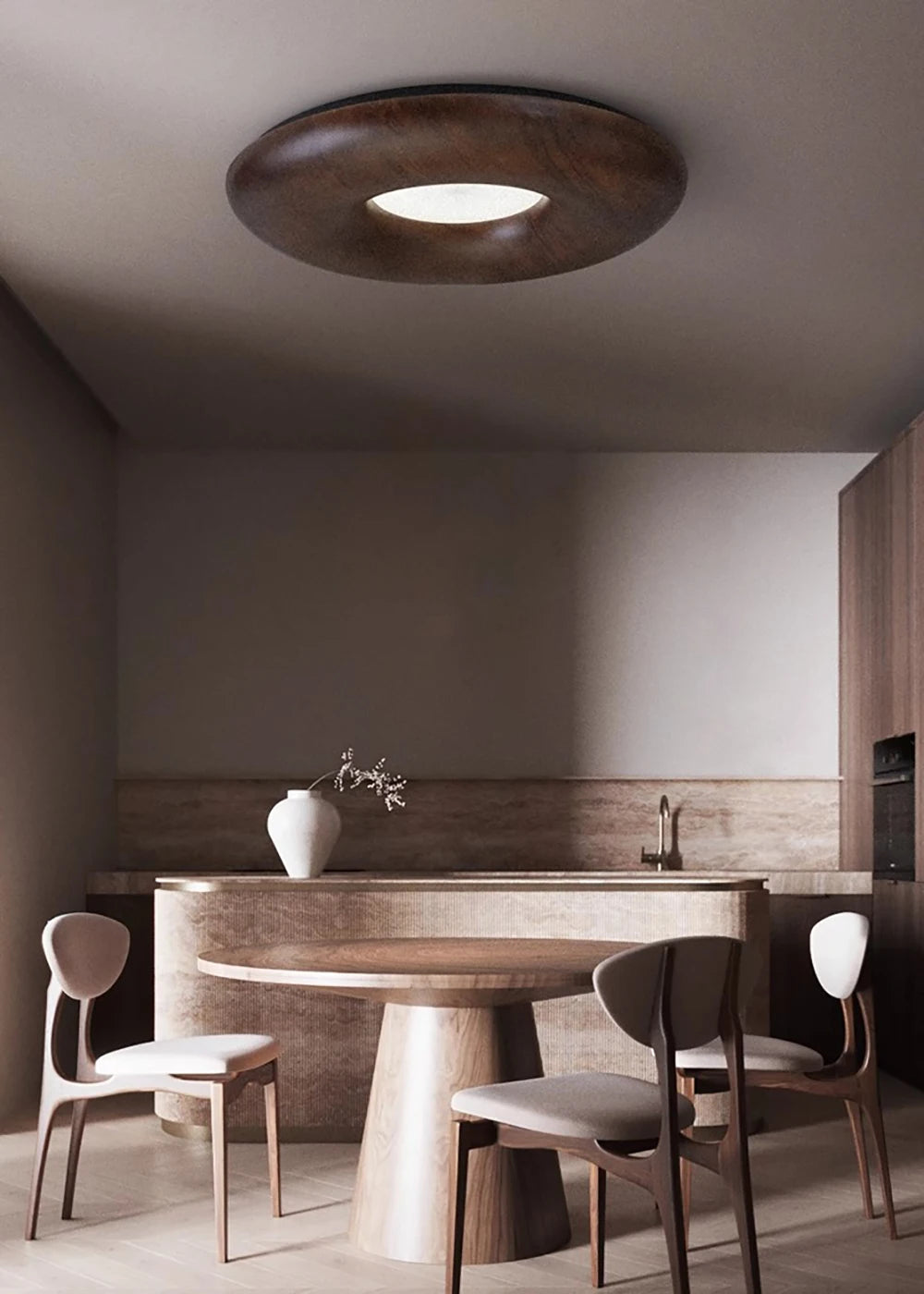 Dark wood LUXELY ceiling light in a minimalist kitchen, combining retro-modern design with energy-efficient LED lighting.