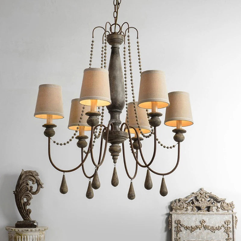 Versatile Retro Princess Chandelier with eight-light wooden frame and teardrop pendants, perfect for enhancing living or dining room aesthetics.