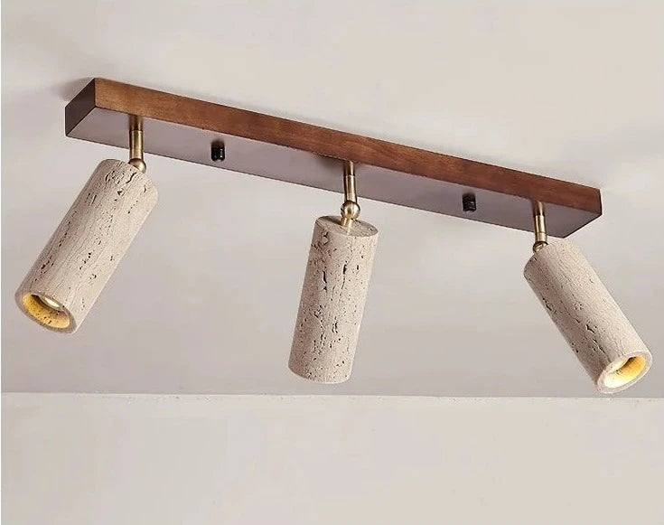 Track spotlight stone ceiling light with dark wood accent and three adjustable heads, ideal for restaurant or hallway ceilings.