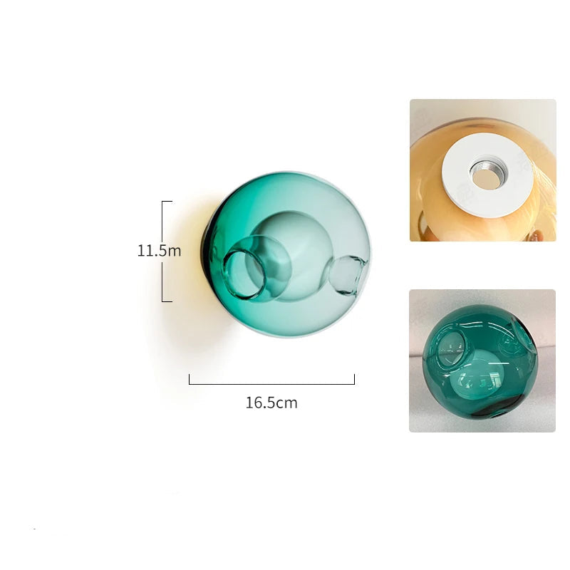 Turquoise Italian designer glass wall sconce with LED light, offering stylish and energy-efficient lighting for bedrooms or cafés.