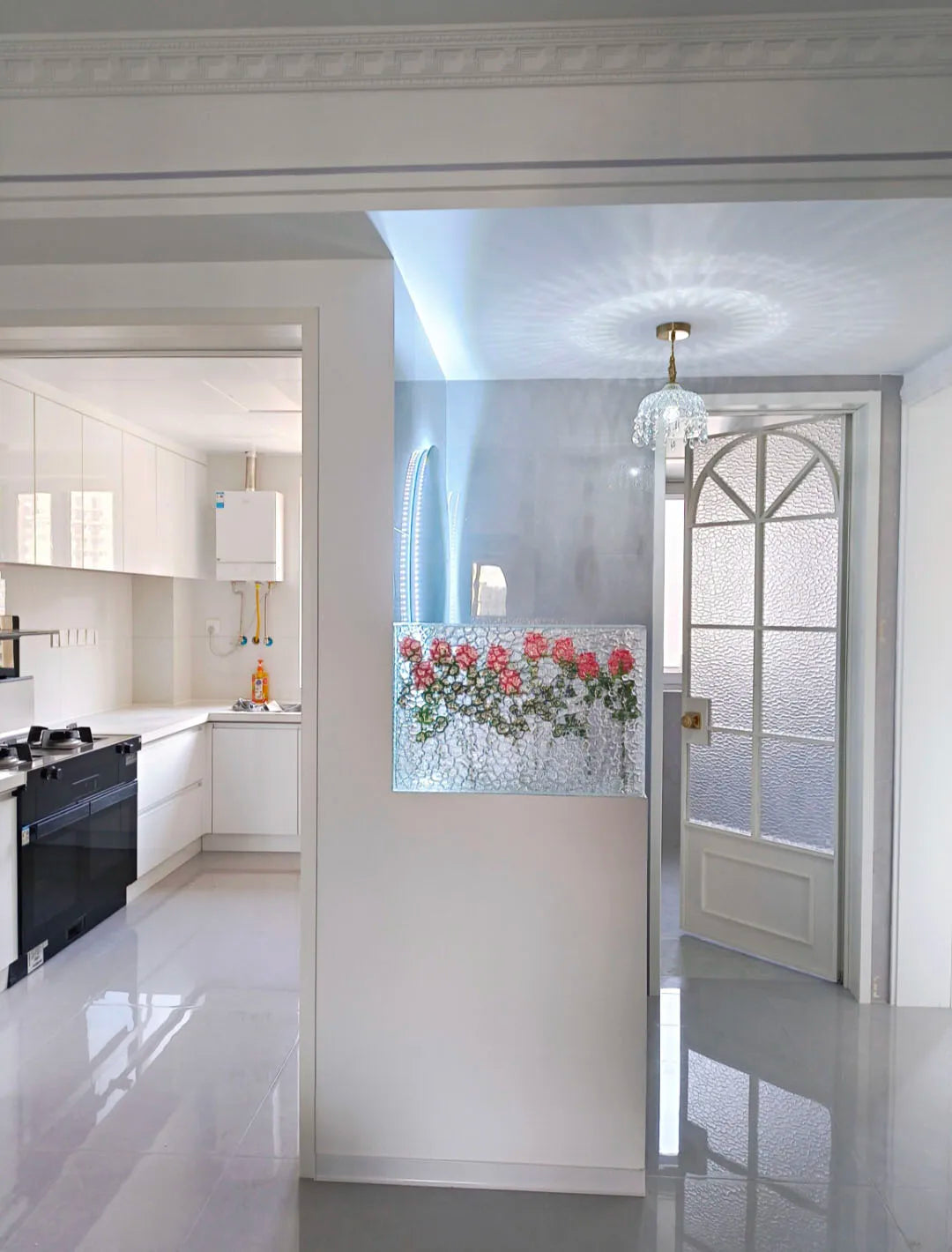 French Vintage Crystal Chandelier - Copper Hanging Lamp in bright kitchen space, enhancing modern vintage aesthetics.