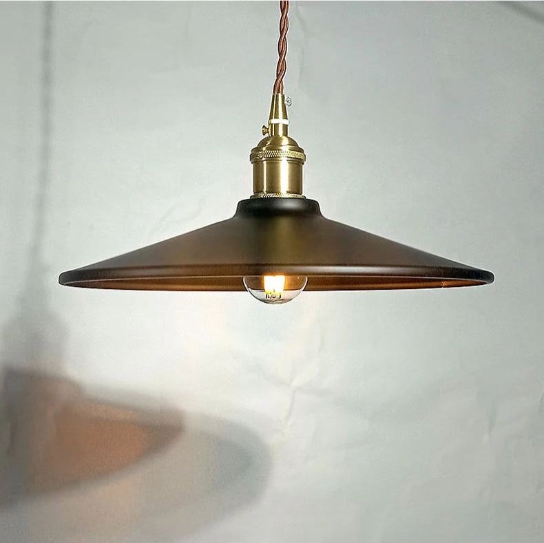 Wide black Vintage Metal Lamp with brass top, perfect for industrial-style kitchens or commercial lighting.