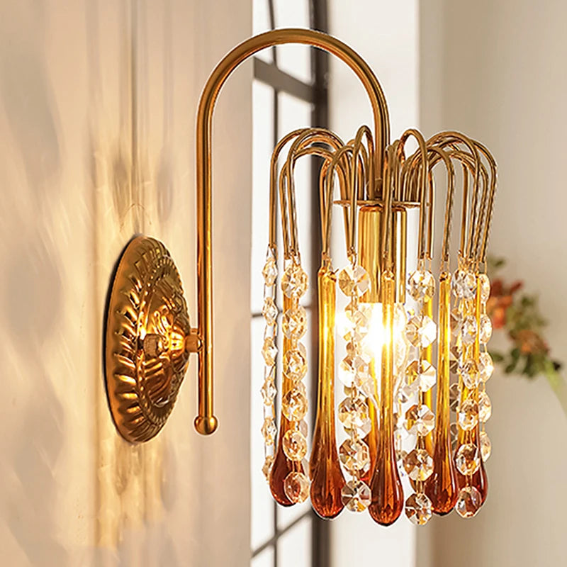 Teardrop Crystal Wall Lamp in copper finish with retro French design, mounted on a wall, ideal for luxury living room or corridor lighting.