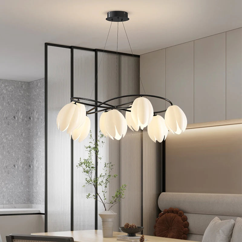 Cream Modern Ceiling Light with petal-shaped LED bulbs and black frame, perfect for illuminating a neutral-toned breakfast nook.