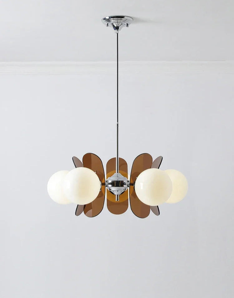 Bauhaus retro chandelier with brown panels and LED globes suspended from ceiling, ideal for dining or restaurant decor.