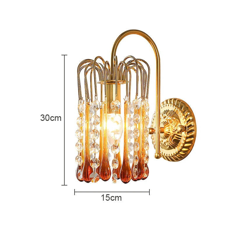 Dimensions of Teardrop Crystal Wall Lamp shown as 30cm height and 15cm width, ideal for luxury bedside or corridor lighting.