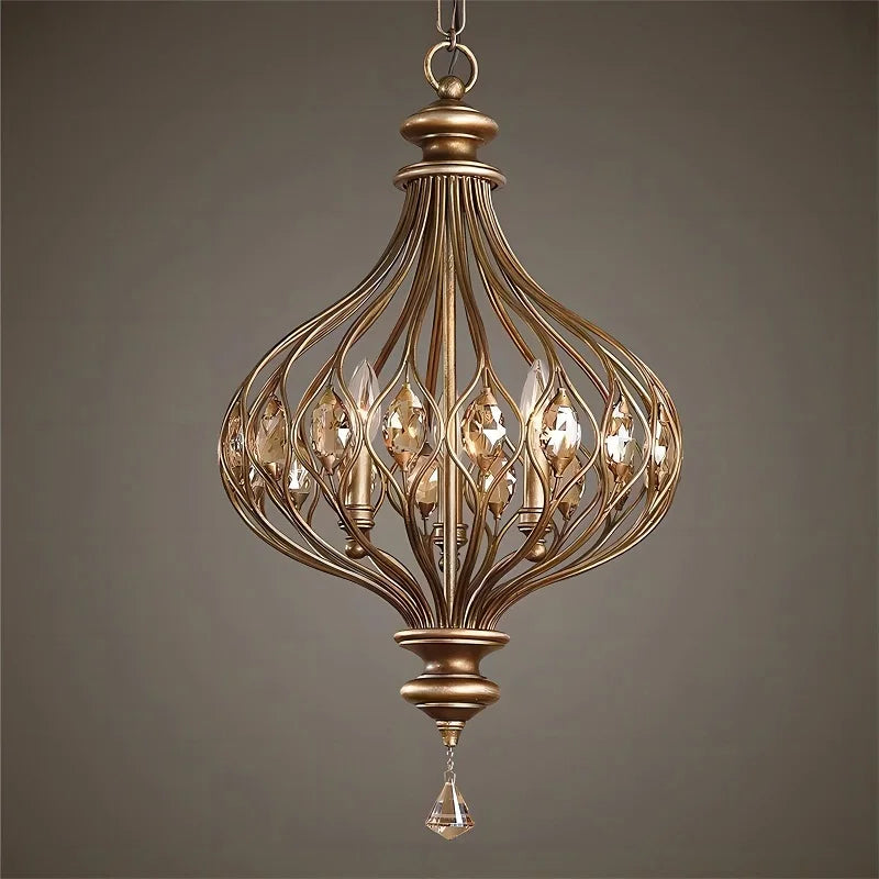 Retro crystal lantern chandelier with bronze finish and teardrop crystals, ideal for elegant villa or dining room lighting décor.