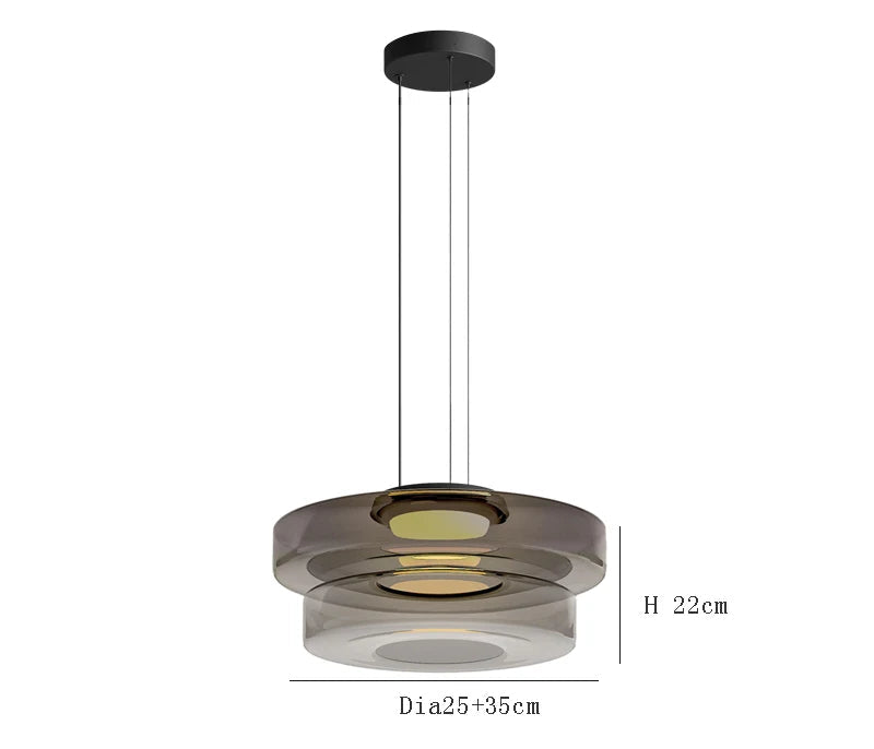 Smoke grey two-tier glass pendant light with 35cm and 25cm diameters. LED source and adjustable hanging for modern decor.