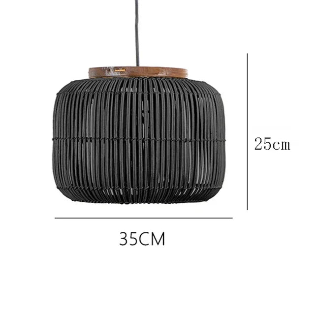 Black short cylindrical rattan pendant light with wood accent, 35cm wide, ideal for gothic or retro-themed ceiling lighting.