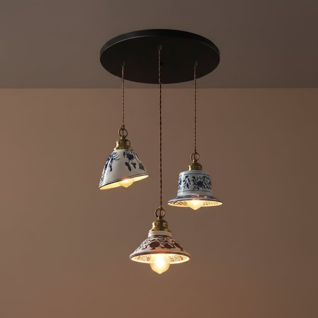Assorted ceramic pendant lights with floral patterns on a 30cm base, perfect for farmhouse kitchen or dining lighting.
