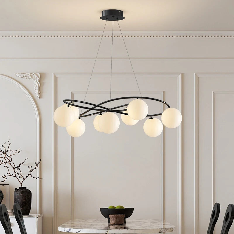 Modern Ceiling Light LED Chandelier with matte black frame and globe bulbs, ideal for contemporary dining room lighting solutions.