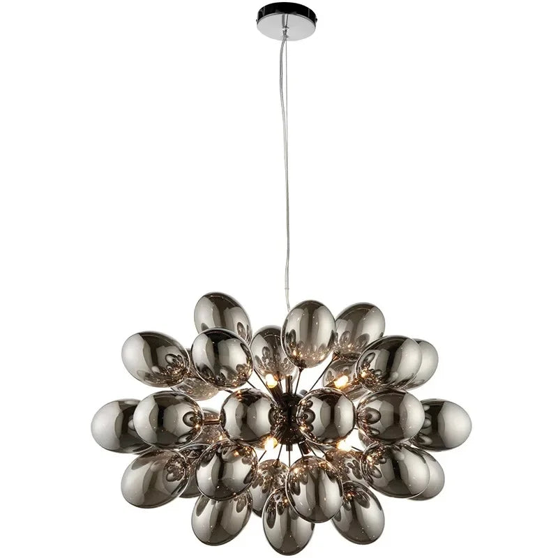Suspended modern grape glass chandelier with chrome finish and LED bulbs, ideal for upscale home lighting in kitchens or foyers.