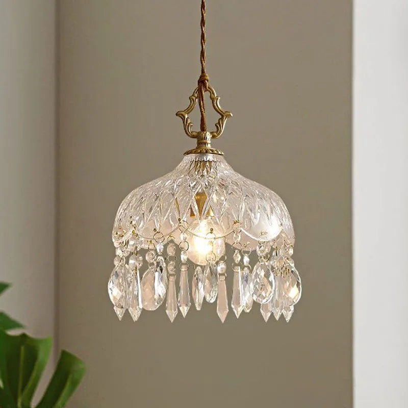 French Vintage Crystal Chandelier - Copper Hanging Lamp with teardrop crystals, ideal for bedside or balcony lighting decor.