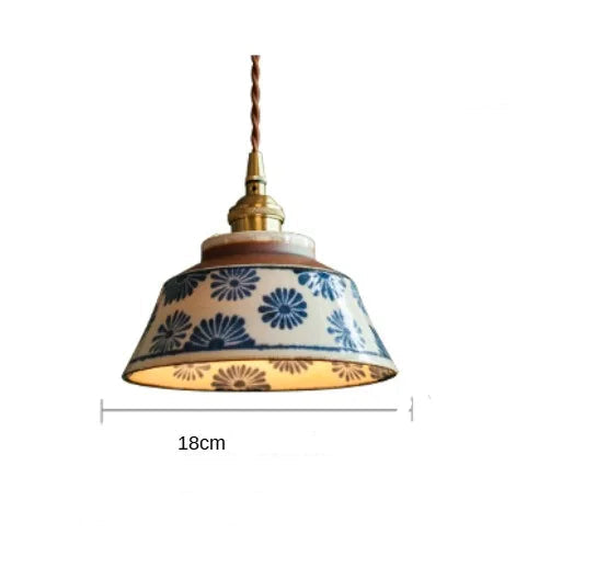 Size reference of Retro Chinese Porcelain Pendant Light with blue floral pattern. 18cm wide ceramic shade.