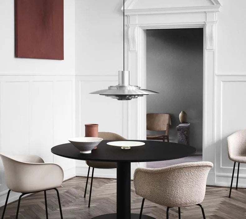 Elegant dining space with Silver Cord Pendant Light - E27 Art Lamp, featuring modern LED lighting and brushed metal finish.