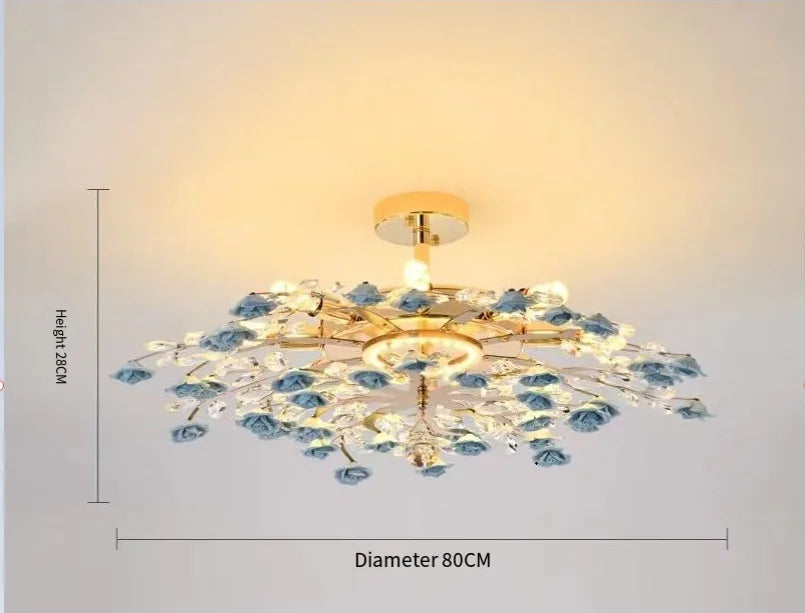 80cm blue ceramic flower chandelier with French retro charm, crystal ceiling light for luxurious home lighting.