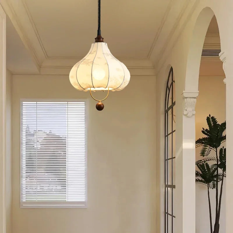 Nordic Pendant Light with floral cloth shade and wood detailing, perfect for hallway or corridor LED lighting.