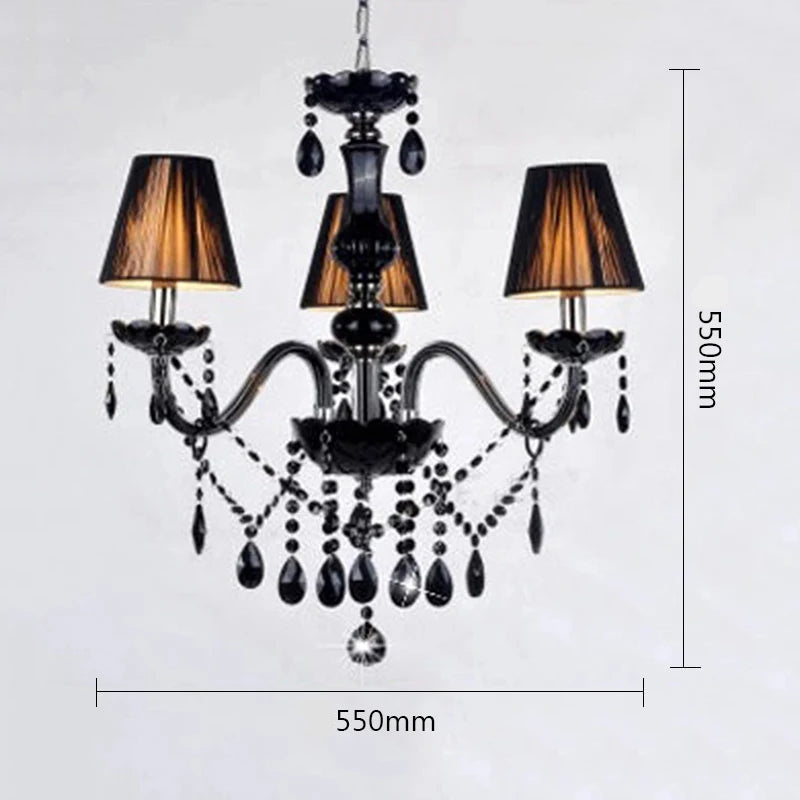 Three-light American Crystal Chandelier with black crystals and shades, 550mm dimensions, perfect for minimalist modern interiors.