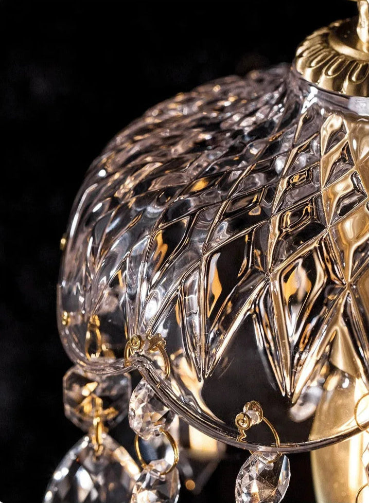Detailed view of glass shade on French Vintage Crystal Chandelier - Copper Hanging Lamp with diamond-cut texture.