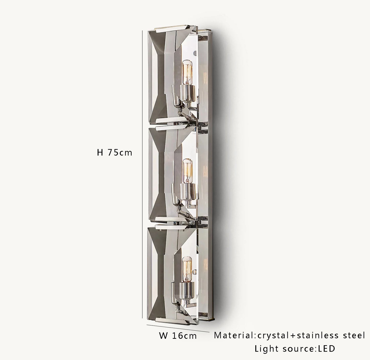 Silver crystal LED wall sconce with three LED bulbs, 75cm tall, offering reflective elegance for modern interiors.