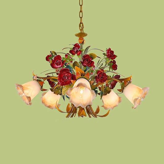 Vintage LED chandelier with French floral design, featuring red roses and tulip-shaped lights, ideal for elegant home lighting decor.