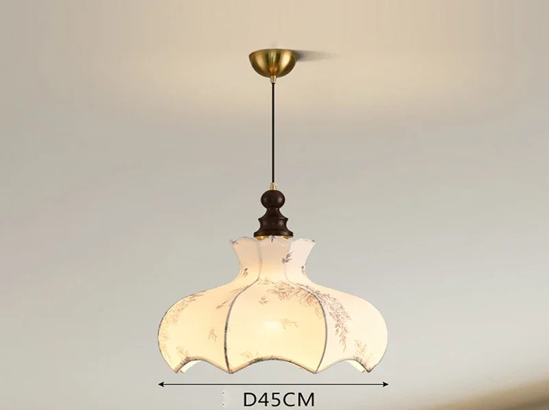 Elegant Nordic Pendant Light with wide floral cloth shade and wood detailing, perfect for LED lighting in living rooms.