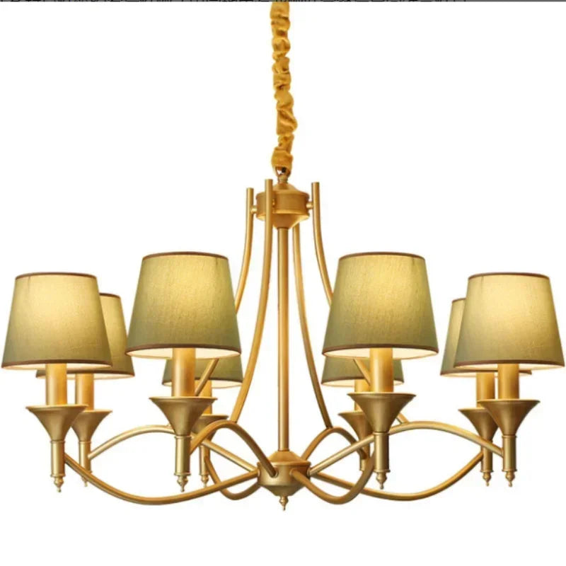 Eight-light European retro fabric chandelier with gold iron frame and beige shades, combining vintage charm with modern lighting.