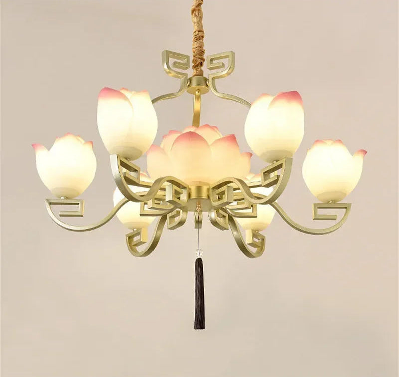 Lotus flower LED pendant light - vintage ceiling fixture with warm lighting and floral design, perfect for home decor.