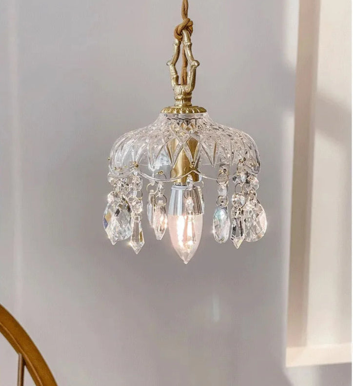 Compact French Vintage Crystal Chandelier - Copper Hanging Lamp with crystal prisms, ideal for small spaces like bedside or entryway.