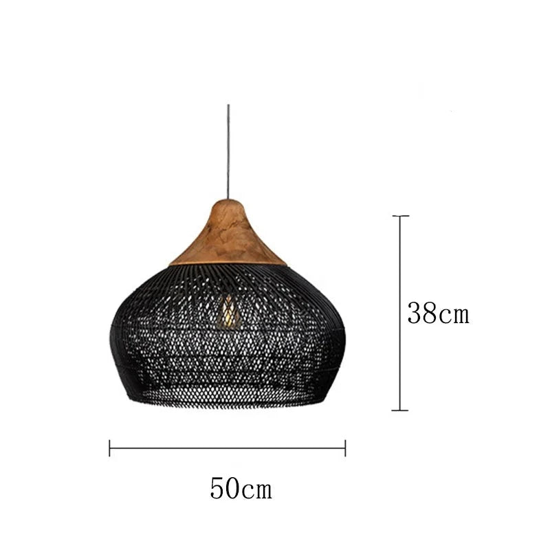 Medium black rattan pendant light with wood accent, 50cm wide and 38cm tall, ideal for modern or retro decor.