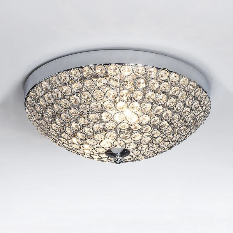 Close-up of silver LED crystal ceiling light with dome shape, ideal for bedrooms and hotel corridors.