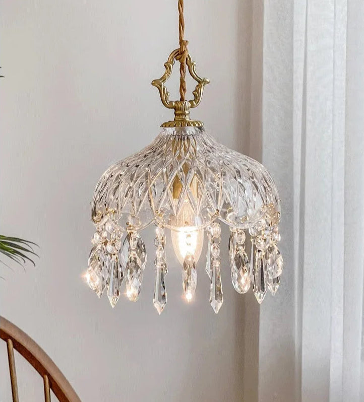 French Vintage Crystal Chandelier - Copper Hanging Lamp lit up, showcasing crystal clarity and elegant lighting effect.