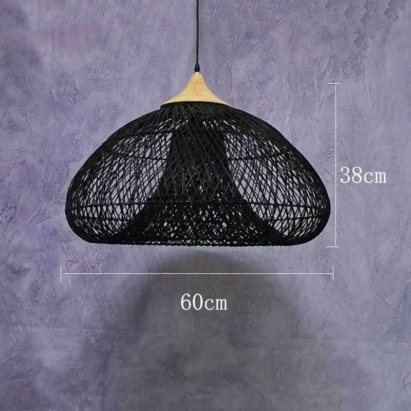 Black dome-shaped rattan pendant light with wood accent, 60cm wide, ideal for gothic or minimalist interiors.