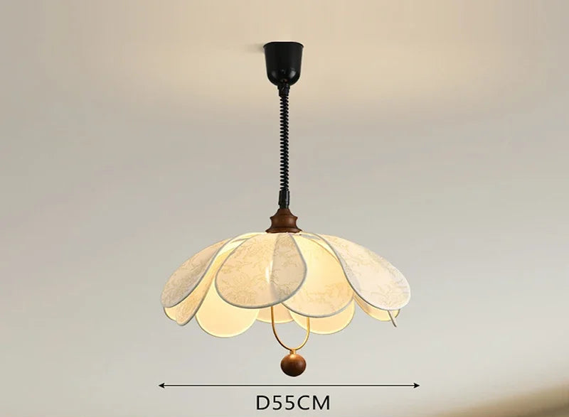 Nordic Pendant Light with large petal-shaped cloth shade and wood accent, ideal for LED lighting in modern kitchens.